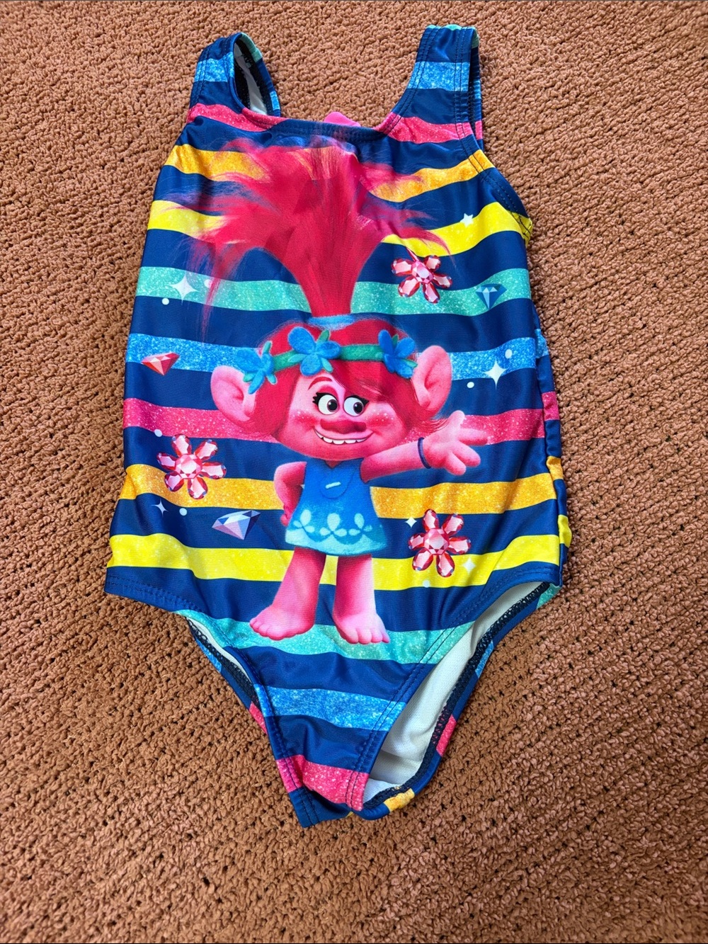 Trolls Bright Pink Character One-Piece Swim - Blue & Yellow Stripes
